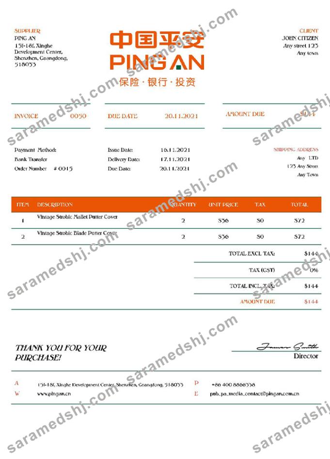 USA Ping An invoice